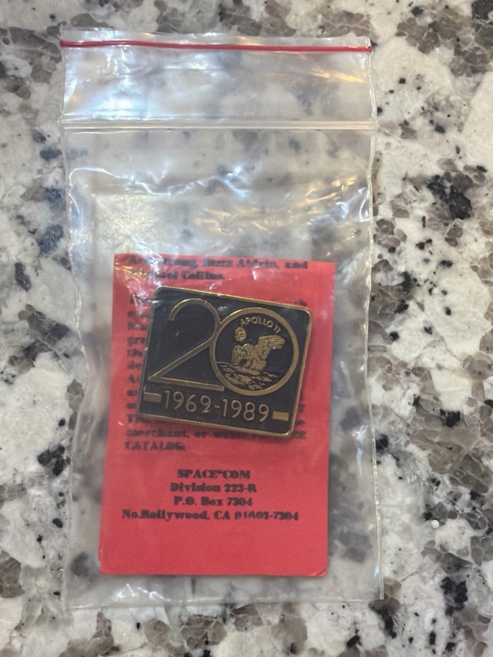 Apollo 11 1969-1989 Commemorative Medal Pin - Black & Gold